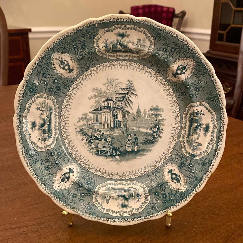 LOVELY ANTIQUE STAFFORDSHIRE GREEN/WHITE TRANFERWARE•FLORENTINE